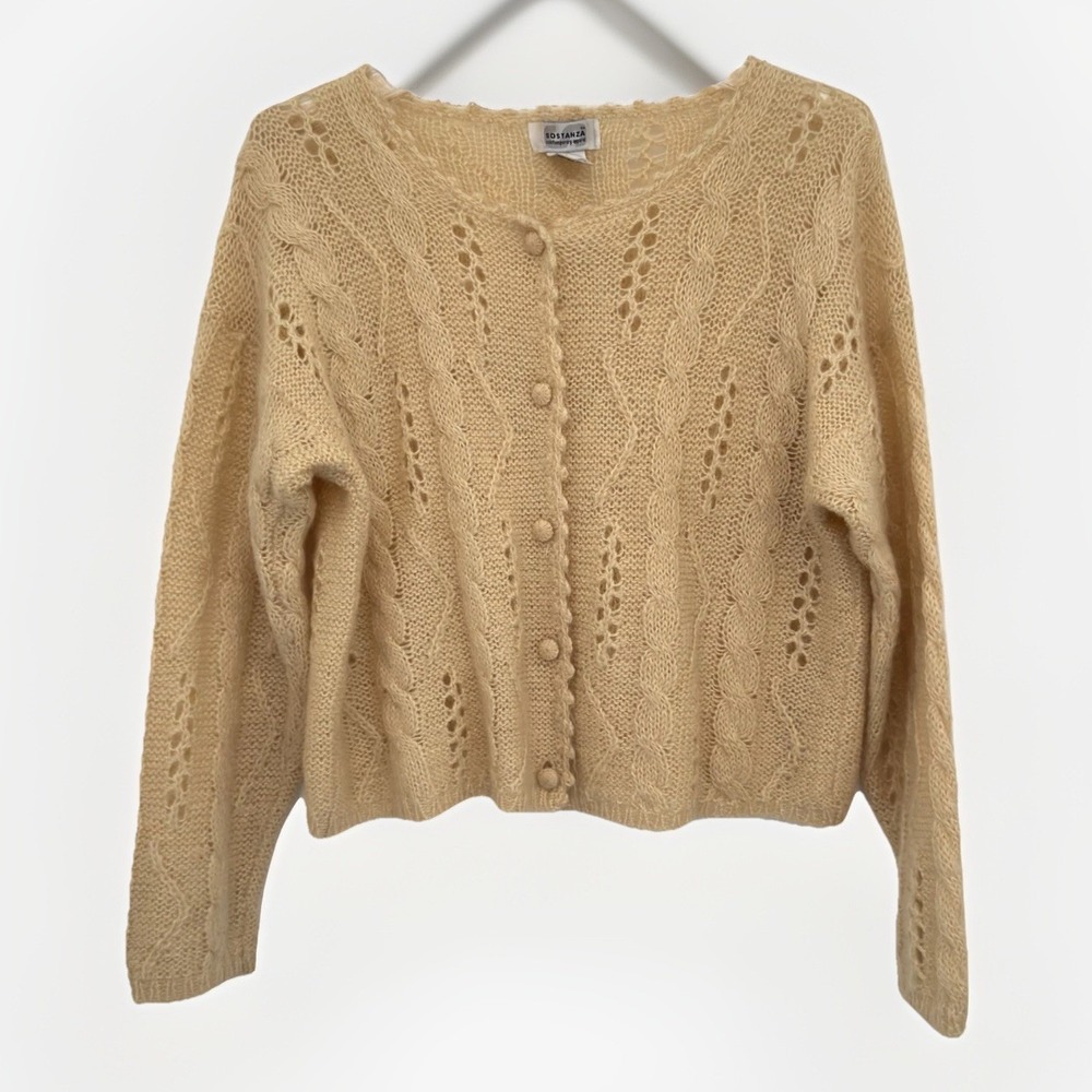 SOSTANZA Sweater Women L Beige Cropped VTG 90s Mohair Blend Cable Knit Pointelle